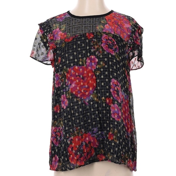 Anthropologie Floral Metallic Polka Dot Ruffle Sleeve Blouse Size 4 Small - Picture 5 of 8